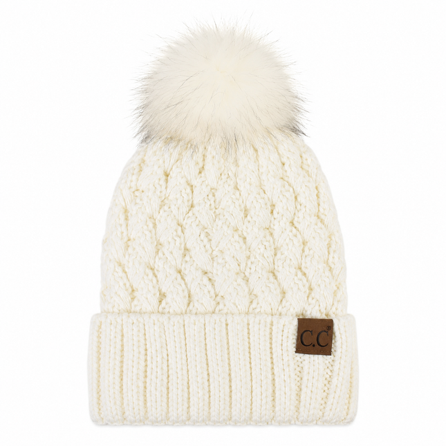 Lattice Cross Over Stitch Pattern Beanie With Same Color Pom (YJ-826)