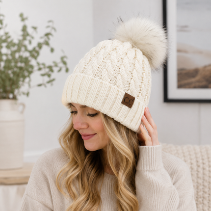 Lattice Cross Over Stitch Pattern Beanie With Same Color Pom (YJ-826)