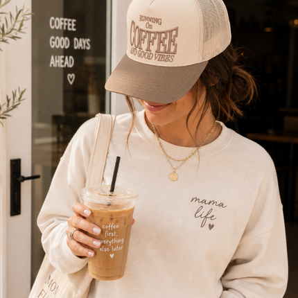 Running On Coffee And Good Vibes Embroidered Trucker Cap (TCM0038)