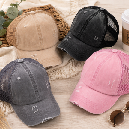 Women's Distressed Mesh Back Pony Cap (BT-13)