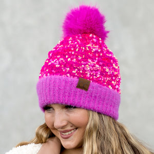 CC Sequin Fur Pom Beanie ( HTE0012 ) ( HTE0017 )