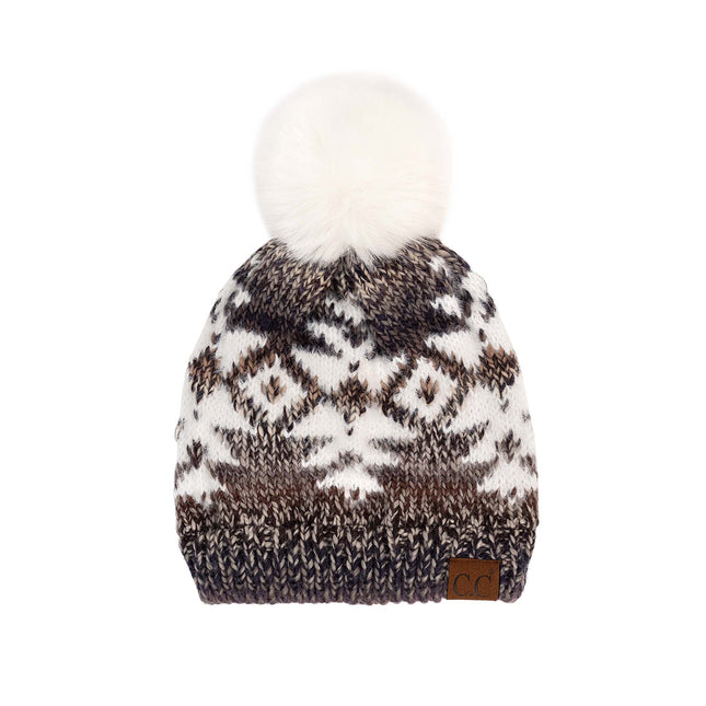 CC Beanie Wholesale Multi Yarn Aztec Beanie Hat with Ivory Faux Fur - HAT-2093 - Contagious Wholesale