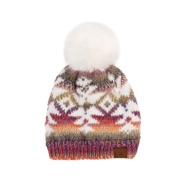 CC Beanie Wholesale Multi Yarn Aztec Beanie Hat with Ivory Faux Fur - HAT-2093 - Contagious Wholesale