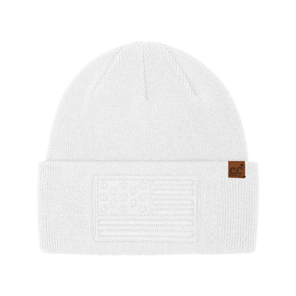 C.C Flag Cuff Beanie HTC0119 in White – front view – wholesale