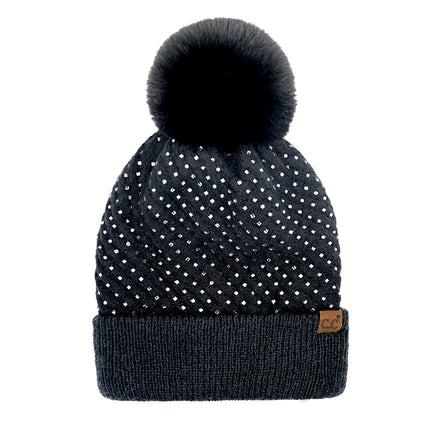 CC Beanie Allover Rhinestone Pom Hats - HTE0101 - By Contagious Wholesale