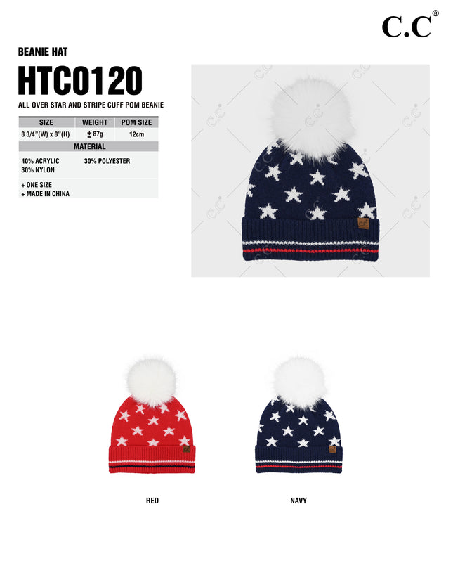 CC Beanie All Over Star and Stripe Cuff Pom Beanie - HTC0120 - By Contagious Wholesale