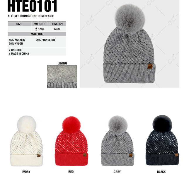 CC Beanie Allover Rhinestone Pom Hats - HTE0101 - By Contagious Wholesale