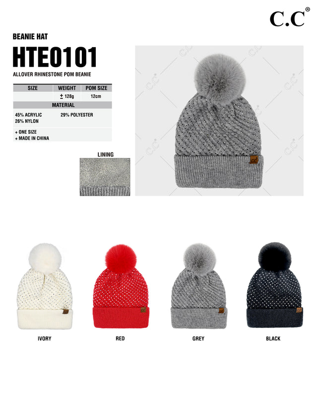 CC Beanie Allover Rhinestone Pom Hats - HTE0101 - By Contagious Wholesale