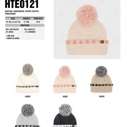 CC Beanie Neutral Horizontal Stripe Cuffed Pom Beanie - HTE0121 - By Contagious Wholesale