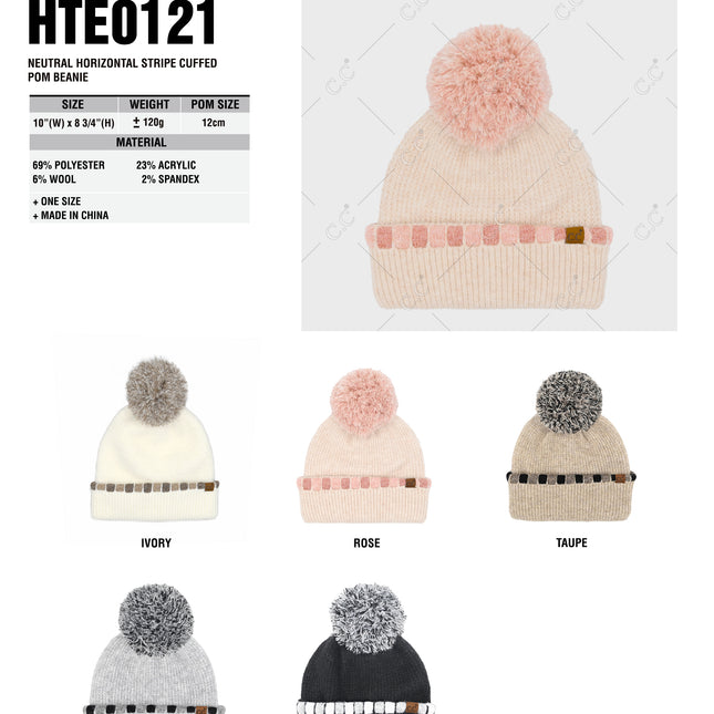 CC Beanie Neutral Horizontal Stripe Cuffed Pom Beanie - HTE0121 - By Contagious Wholesale