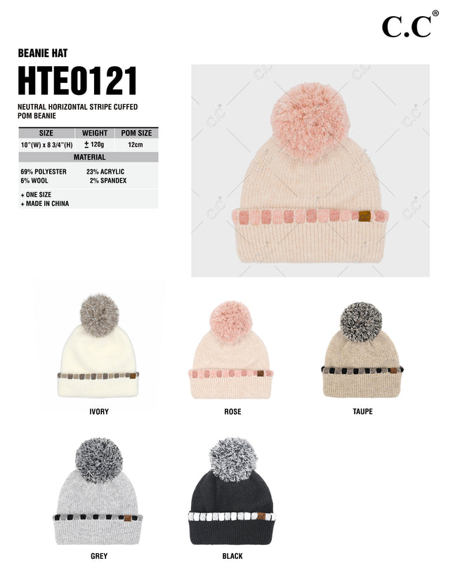 CC Beanie Neutral Horizontal Stripe Cuffed Pom Beanie - HTE0121 - By Contagious Wholesale