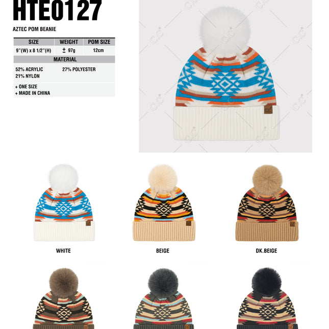 CC Beanie Aztec Pom Beanie - HTE0127 - By Contagious Wholesale
