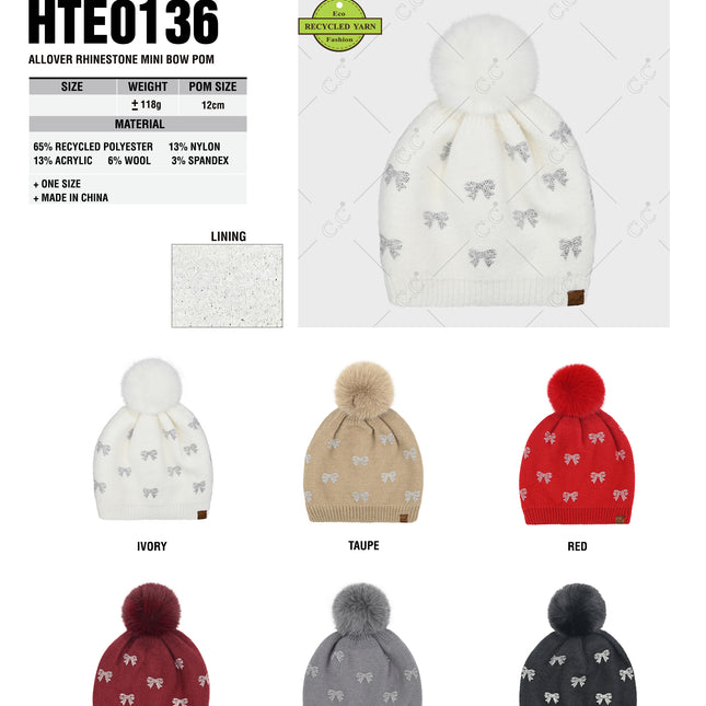 CC Beanie Allover Rhinestone Mini Bow Pom Beanie - HTE0136 - By Contagious Wholesale