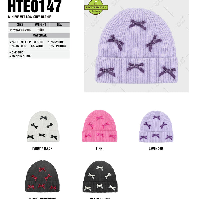 CC Beanie Mini Velvet Bow Cuff Beanie - HTE0147 - By Contagious Wholesale