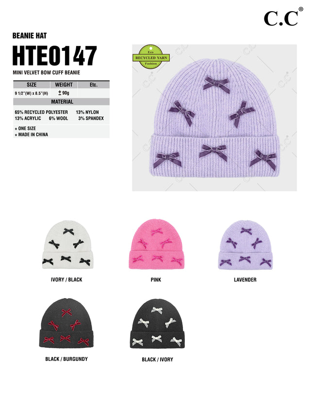 CC Beanie Mini Velvet Bow Cuff Beanie - HTE0147 - By Contagious Wholesale