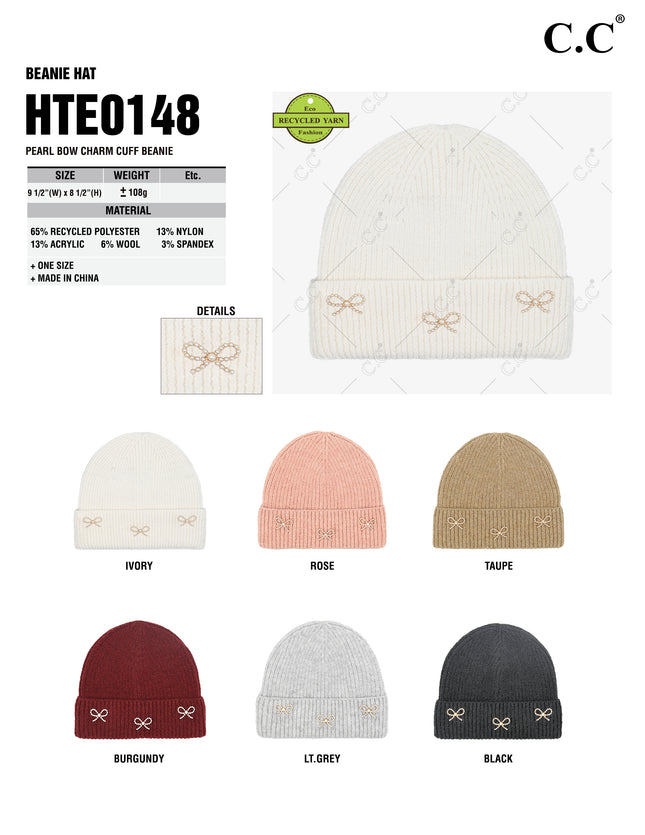 CC Beanie Pearl Bow Charm Cuff Beanie - HTE0148 - By Contagious Wholesale