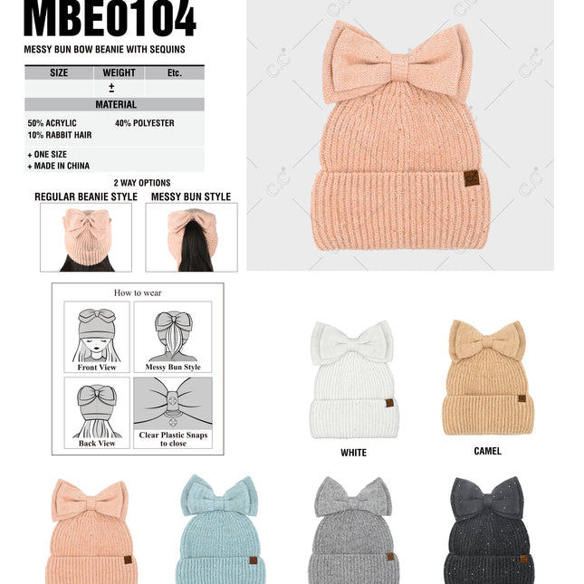 CC Brand Messy Bun Bow Beanie with Sequins - MBE0104 - By Truly Contagious