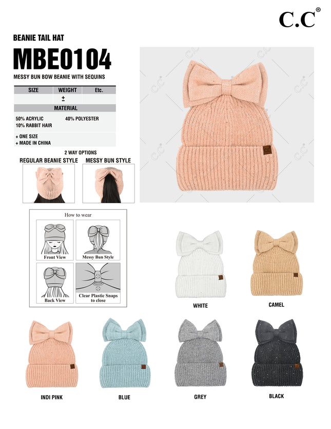 CC Brand Messy Bun Bow Beanie with Sequins - MBE0104 - By Truly Contagious