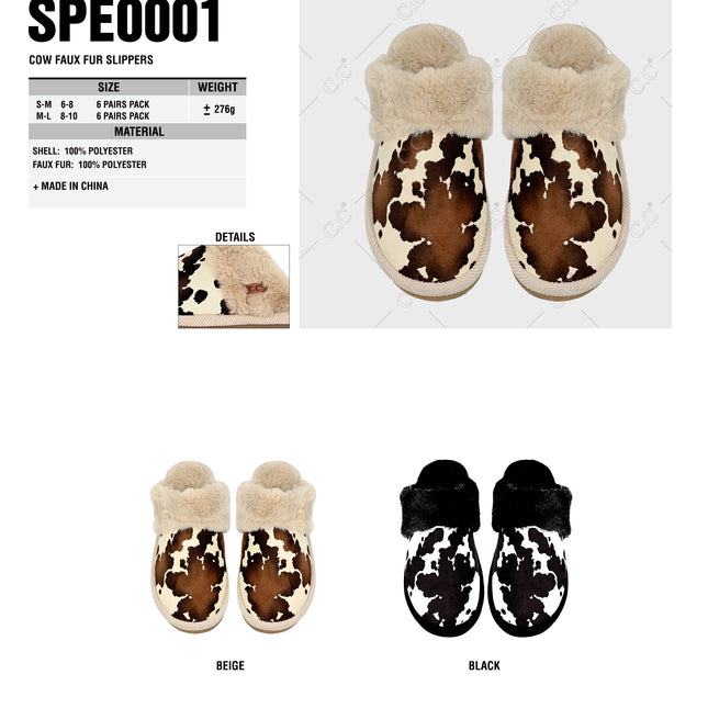 CC Slippers Cow Faux Fur Slippers - SPE0001 - By Contagious Wholesale