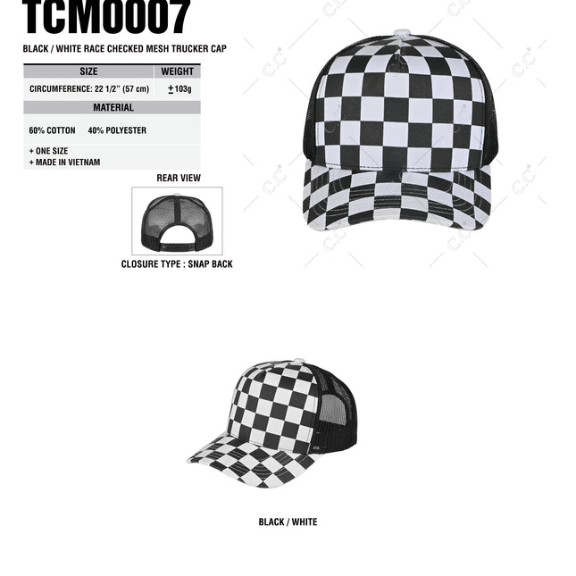 C.C® TCM0007 Black/White Race Checked Mesh Trucker Cap