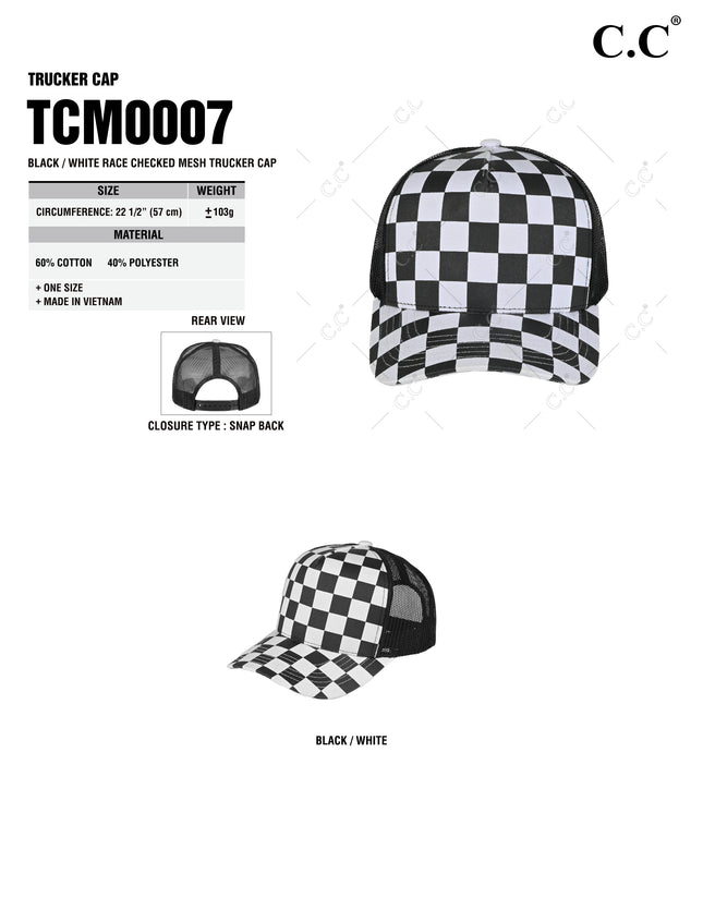 C.C® TCM0007 Black/White Race Checked Mesh Trucker Cap