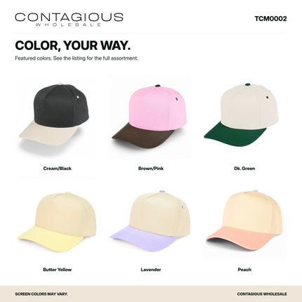 TCM0002 original product photographs showing Cream/Black, Brown/Pink, Dk. Green, Butter Yellow, Lavender, Peach; Contagious Wholesale color guide. 2000 x 2000.