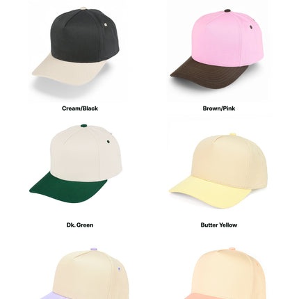 TCM0002 original product photographs showing Cream/Black, Brown/Pink, Dk. Green, Butter Yellow, Lavender, Peach; Contagious Wholesale color guide. 2000 x 3000.