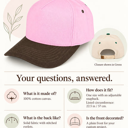 TCM0002 buyer guide: 100% cotton canvas, adjustable snapback, listed circumference 22.5 inches or 57 cm, solid fabric back