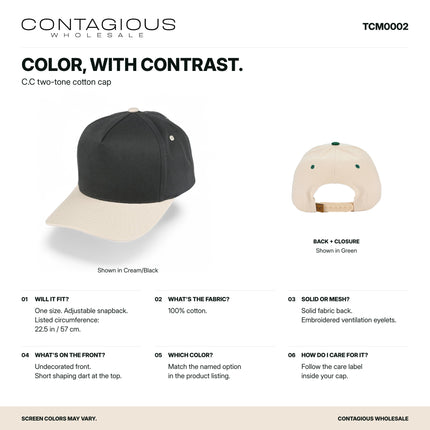 TCM0002 Contagious Wholesale product guide using original photographs: material, adjustable fit, back, plain front, color selection and care. 2000 x 2000.
