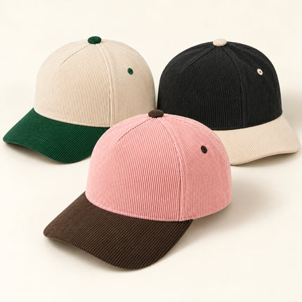 TCM0003 revised three-cap hero with short front darts and embroidered side eyelets; Brown/Pink, Cream/Black and Green. 2000 x 3000.