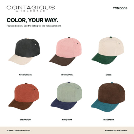 TCM0003 original product photographs showing Cream/Black, Brown/Pink, Green, Brown/Rust, Navy/Mint, Teal/Brown; Contagious Wholesale color guide. 2000 x 2000.