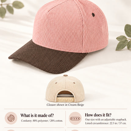 TCM0003 buyer guide: corduroy in 80% polyester and 20% cotton, adjustable snapback, listed circumference 22.5 inches or 57 cm