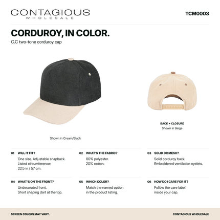 TCM0003 Contagious Wholesale product guide using original photographs: material, adjustable fit, back, plain front, color selection and care. 2000 x 2000.