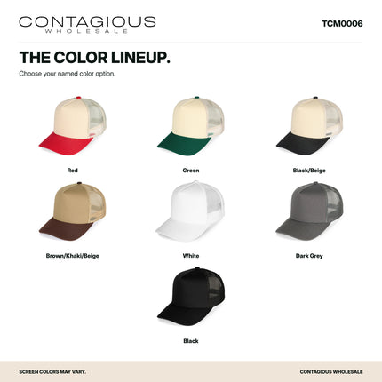 TCM0006 original product photographs showing Red, Green, Black/Beige, Brown/Khaki/Beige, White, Dark Grey, Black; Contagious Wholesale color guide. 2000 x 2000.