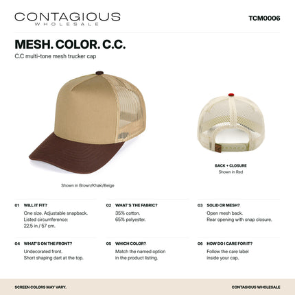 TCM0006 Contagious Wholesale product guide using original photographs: material, adjustable fit, back, plain front, color selection and care. 2000 x 2000.