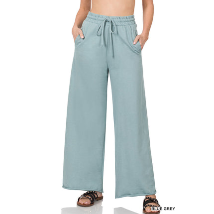 French Terry Drawstring Wide Leg Pants TP-39059 in Blue Grey – wholesale