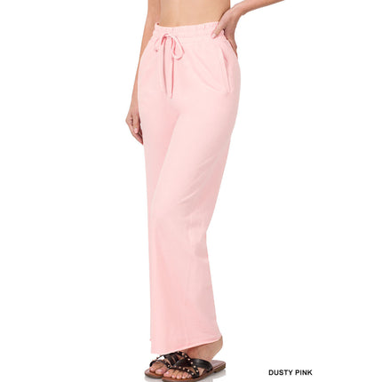French Terry Drawstring Wide Leg Pants TP-39059 in Dusty Pink – wholesale