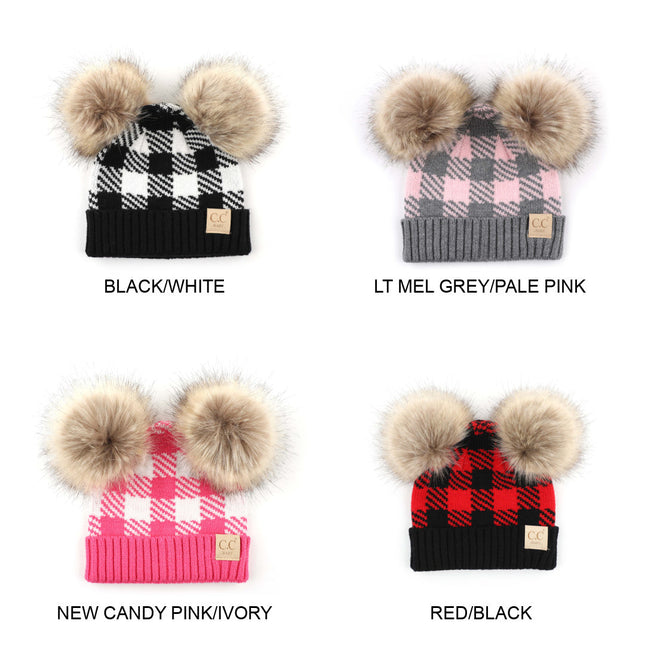 CC Kids Buffalo Plaid Double Pom Beanie ( KIDS-25-POMPOM ) ( BABY-25-POMPOM )