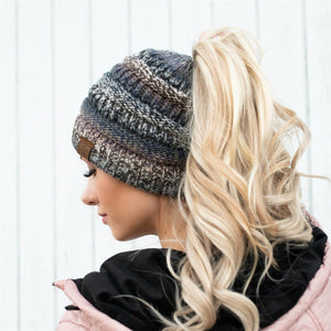 CC Bun/Pony Multi Colored Striped Beanie ( MB-705 )