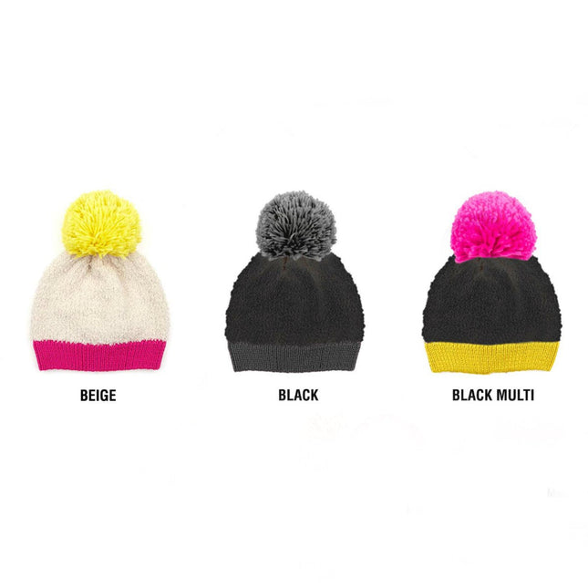 CC KNITTED SHERPA BEANIE WITH CONTRASTING YARN POM AND KNIT CUFF ( HAT-2069 )