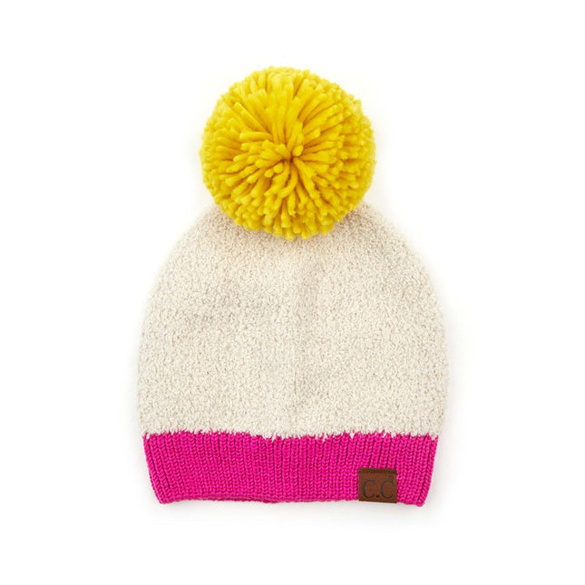 CC KNITTED SHERPA BEANIE WITH CONTRASTING YARN POM AND KNIT CUFF ( HAT-2069 )