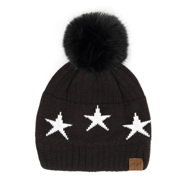 CC Beanie with Quality Faux Fur Pom & Star Pattern ( HAT-4023 )