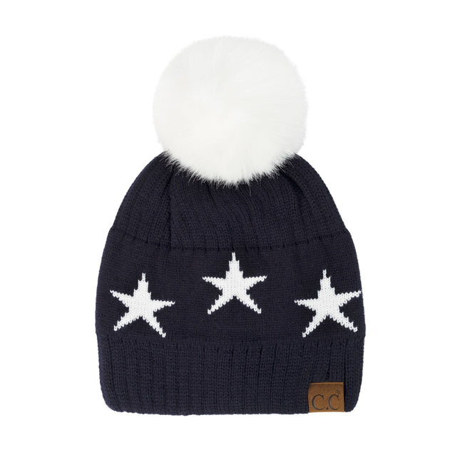 CC Beanie with Quality Faux Fur Pom & Star Pattern ( HAT-4023 )