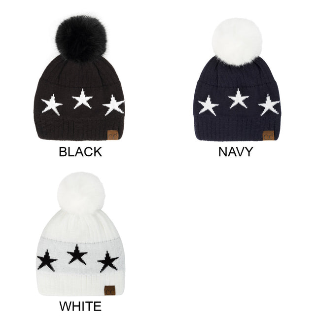 CC Beanie with Quality Faux Fur Pom & Star Pattern ( HAT-4023 )