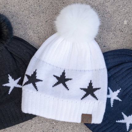 CC Beanie with Quality Faux Fur Pom & Star Pattern ( HAT-4023 )
