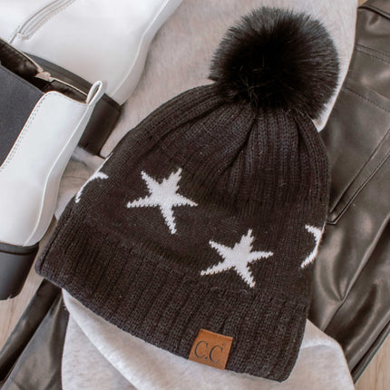 CC Beanie with Quality Faux Fur Pom & Star Pattern ( HAT-4023 )