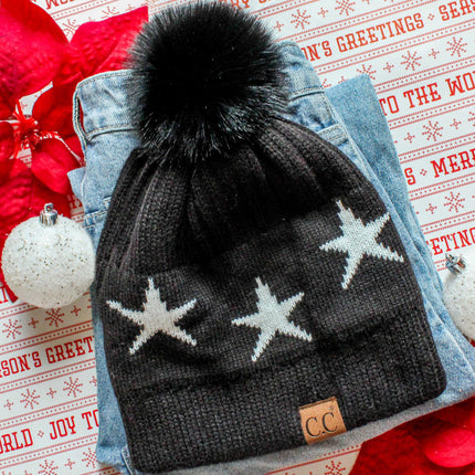 CC Beanie with Quality Faux Fur Pom & Star Pattern ( HAT-4023 )