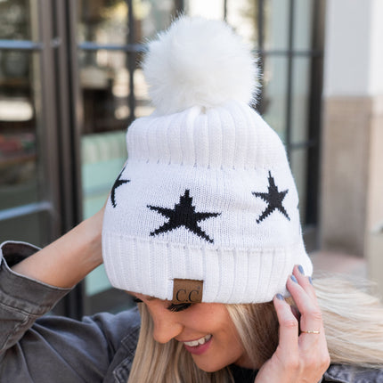 CC Beanie with Quality Faux Fur Pom & Star Pattern ( HAT-4023 )