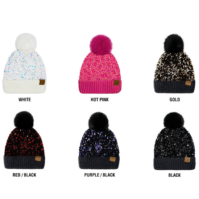 CC Kids Sequin Fur Pom Beanie ( KD-HTE0012 ) ( KD-HTE0017 ) ( HTE0012 ) ( HTE0017 )