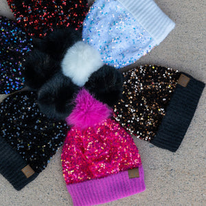 CC Sequin Fur Pom Beanie ( HTE0012 ) ( HTE0017 )